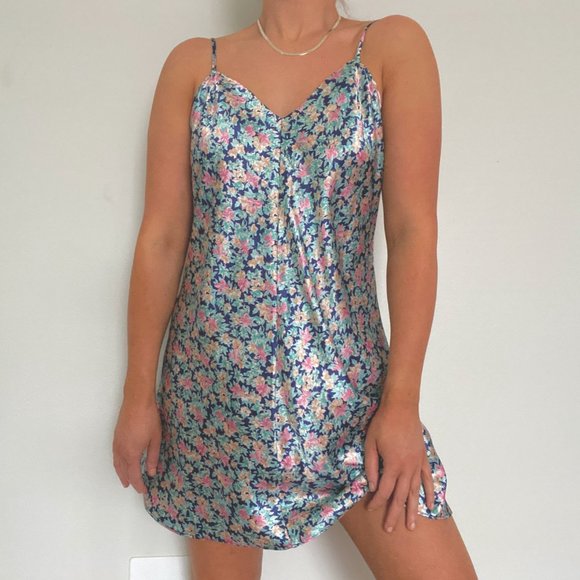 Vintage Dresses & Skirts - Vintage Floral Satin Slip Dress Navy, Pink, Green